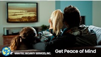 a family sitting on the couch watching tv with the text get peace of mind